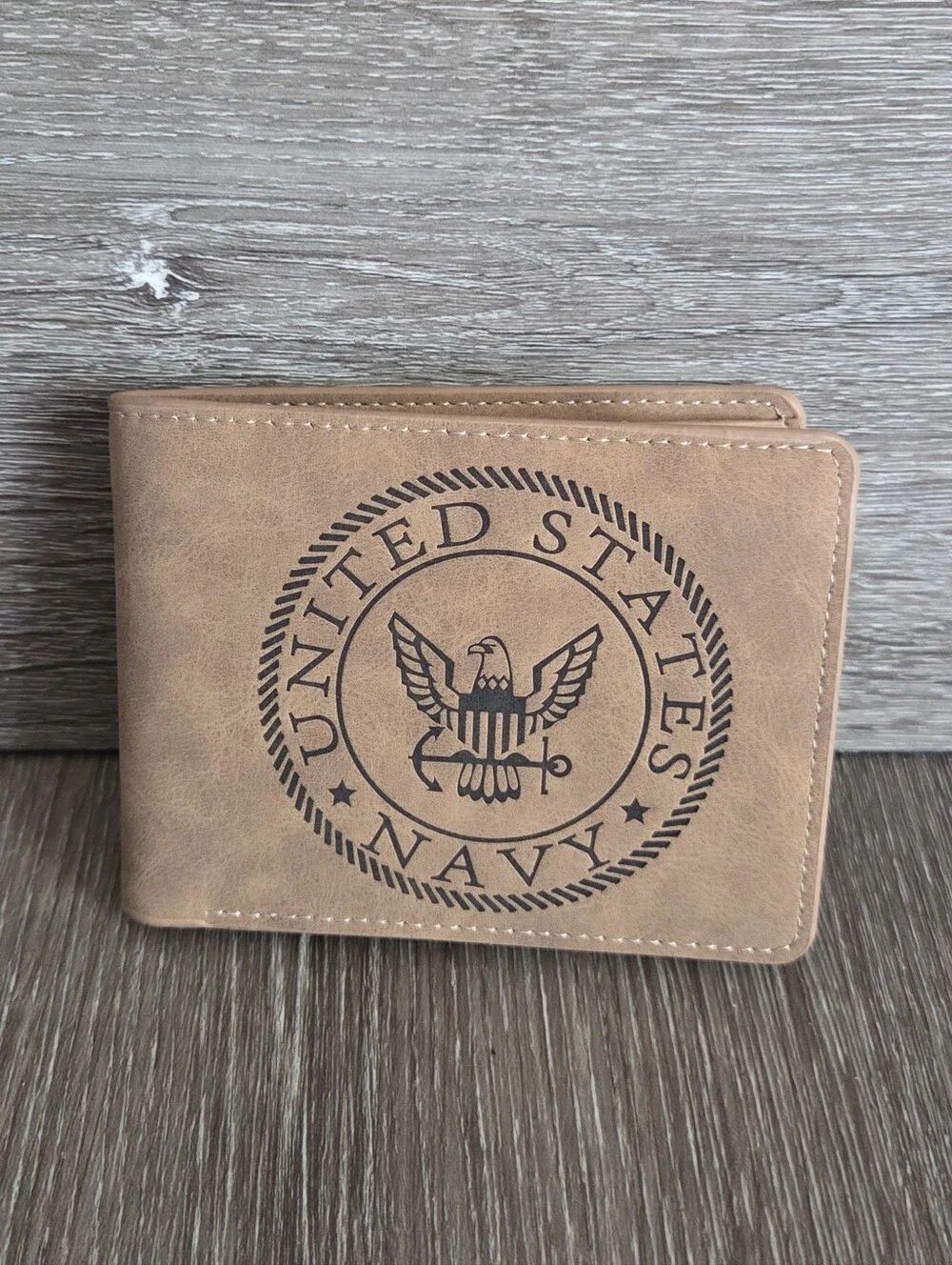 United States Navy Embossed Men's Bifold Wallet - Tan